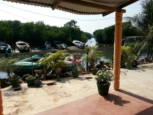 a patio with potted plants and boats on the water at Negombo Lagoon Villa in Negombo