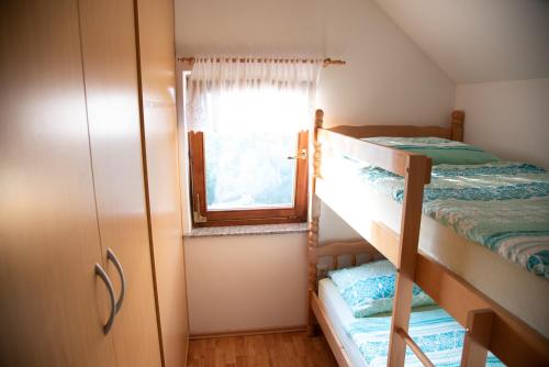 a bedroom with two bunk beds and a window at Vineyard Cottage Brodaric in Metlika