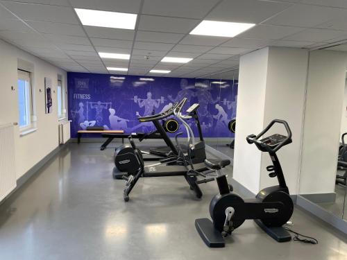 a gym with two treadmills and cardio machines at Ibis Styles La Louvière in La Louvière