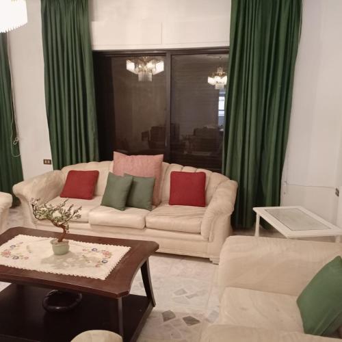 a living room with green curtains and a couch at Abdoun ground floor apartment in Amman