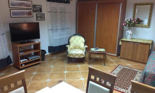 - un salon avec une télévision et une chaise dans l'établissement Apartment City Garden, à Kotor