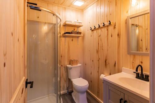 天使火城的住宿－RidgeWalk Treehouse，浴室配有卫生间、淋浴和盥洗盆。