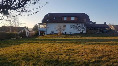 ein Haus auf einem Grasfeld in der Unterkunft Georgs Ferienwohnung in Michelstadt