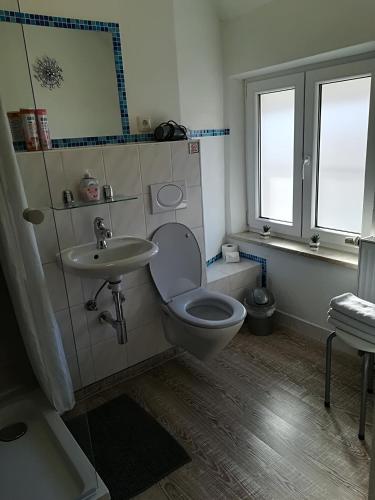 a bathroom with a toilet and a sink at House LA Neuschwanstein Blick - Budget City Hotel in Füssen