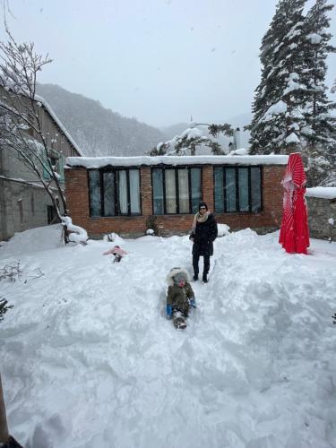 a woman and a child standing in the snow at Garden Hotel Pasanauri since 1892 in Passanauri