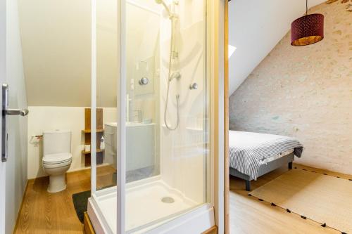 ein Bad mit einer Dusche und einem WC in der Unterkunft Le Perche en Vert in Pervenchères