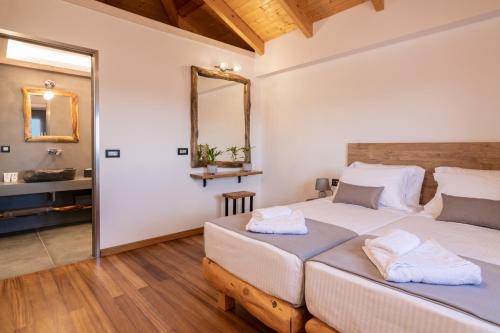 a bedroom with two beds and a mirror at Azor Luxury Villa I in Mouzákion