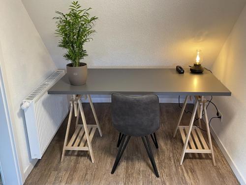 a desk with a potted plant and a chair at Kaffeevollautomat, Hängematte & Netflix, zentral in Idar-Oberstein