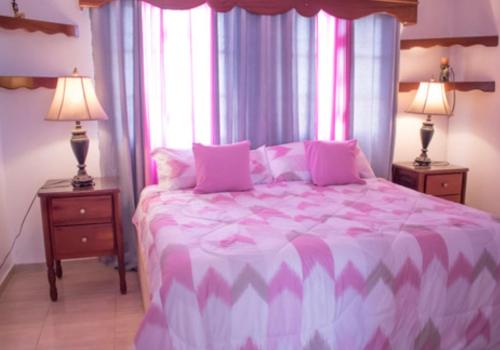 a pink and white bed in a room with windows at Penthouse con jacuzzi La cueva de los 3 ojos in Santo Domingo