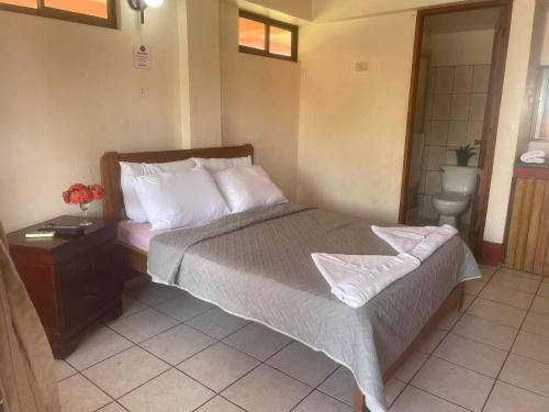 a bedroom with a bed and a toilet in it at Hotel La Roca del Mar in Puntarenas