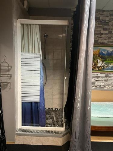 a shower with a curtain in a bathroom at Hipokratios 1 in Fürth