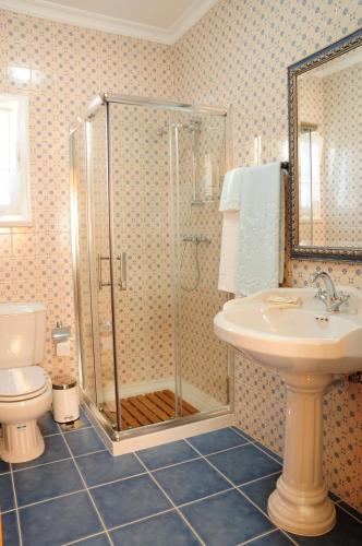 a bathroom with a shower and a sink and a toilet at Corvos e Cadavais in Almodôvar