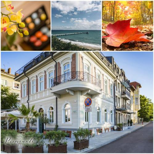a collage of photos of a building and the ocean at Villa Promenade in Burgas City