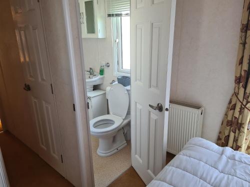 a small bathroom with a toilet and a sink at 6 Berth central heated on The Chase Roxburgh FREE WIFI in Ingoldmells