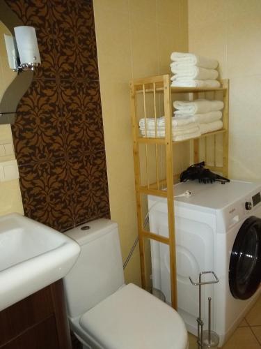a bathroom with a toilet and a washing machine at Apartament na kurzej stopce in Malbork