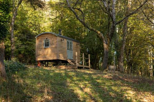 a small cabin in the middle of a forest at Somerset Shepherds Huts in Winsham