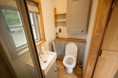 a small bathroom with a toilet and a sink at Somerset Shepherds Huts in Winsham