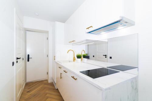 uma cozinha branca com um lavatório e uma bancada em Tallinn Airport Studios by Revalhome em Talin