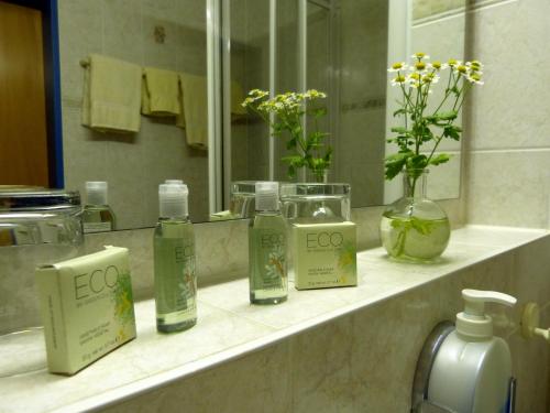 a bathroom counter with bottles of soap and a mirror at Landhaus Bolzum in Sehnde