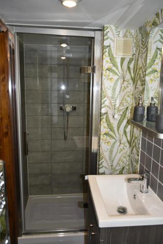 y baño con ducha y lavamanos. en The Hideaway, en Alston
