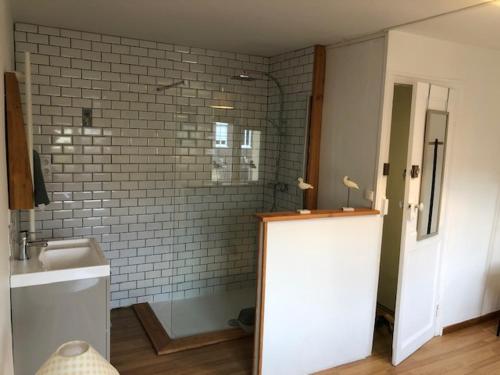 La salle de bains est pourvue d'une douche et d'un lavabo. dans l'établissement Maison de ville, à Le Petit-Quevilly