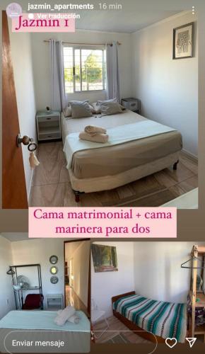 two pictures of a bedroom with a large bed at jazmin1 in Colonia del Sacramento