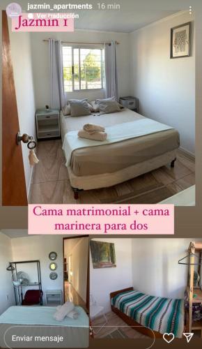 2 fotos de un dormitorio con una cama grande en jazmin1, en Colonia del Sacramento