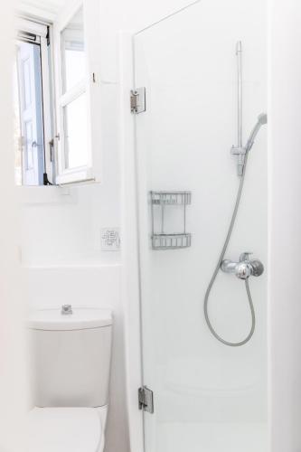 a bathroom with a shower and a toilet and a window at Glyfada Veranda with Sea View in Naxos Chora