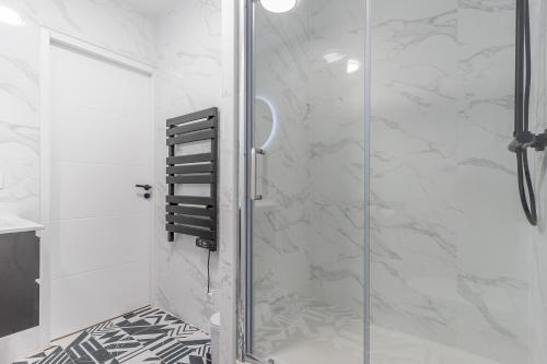 une douche avec une porte vitrée dans une salle de bain dans l'établissement Spacieux T3 climatisé - Saint Charles & Vieux Port, à Marseille