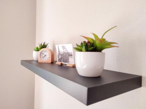 une étagère noire avec deux plantes et une horloge dans l'établissement Chaleureux appartement à deux pas du centre-ville de Castillon, de la Dordogne et proche Saint-Emilion, à Castillon-la-Bataille