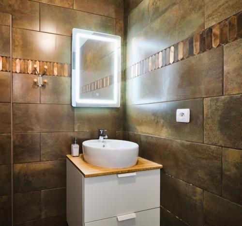 une salle de bain avec un lavabo et un miroir dans l'établissement Tout confort ! Calme, Climatisation, Piscine, Parking Gratuit, Grande Terrasse, Netflix, Wifi, à Carcassonne