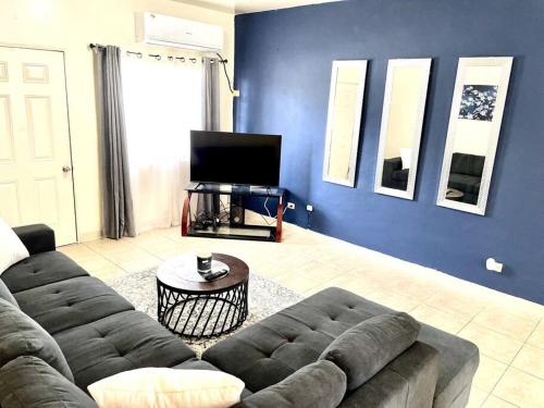 a living room with a couch and a flat screen tv at beautiful 4 bedroom tumon house in Tamuning