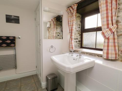 a bathroom with a sink and a window at Greenfinch in Holsworthy
