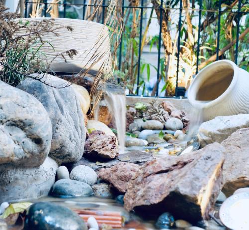 a stream of water in a garden with rocks at Frangipani Suite in New Delhi