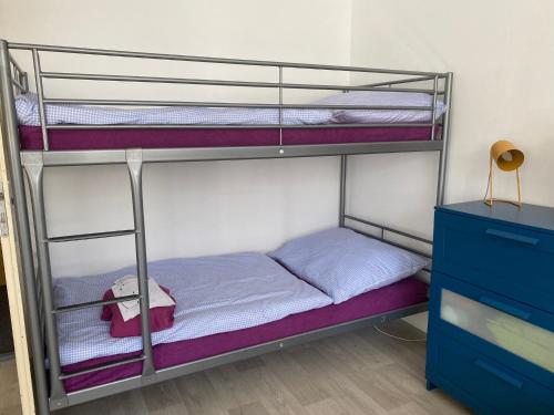 a bedroom with two bunk beds and a blue dresser at Slunný byt v Jizerských horách 5 postelí in Tanvald