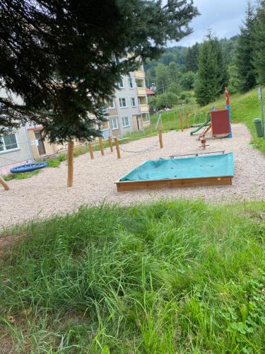 a playground with a blue play equipment in a park at Slunný byt v Jizerských horách 5 postelí in Tanvald