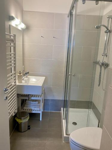 a bathroom with a shower and a sink and a toilet at Panorama Rosie Design Chalet in Bad Kleinkirchheim