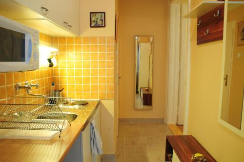 ブダペストにあるGreen Apple Apartmanのバスルーム(シンク、鏡付きカウンター付)