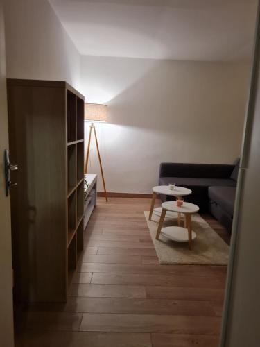 ein Wohnzimmer mit Sofa und Tisch in der Unterkunft Studio proche de J. Jaurès et de l'hotel de ville in Saint-Étienne