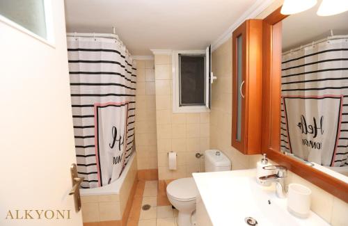 a bathroom with a toilet and a sink and a mirror at MELMA PROPERTIES- ALKYONI apartment by the sea in Piraeus in Piraeus