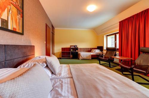 Habitación de hotel con cama y sala de estar. en Hotel Hermes en Krnov