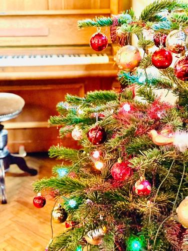 a christmas tree in front of a piano at Manoir de Sterpigny, château-ferme 17ème siècle gîte la Tour in Gouvy