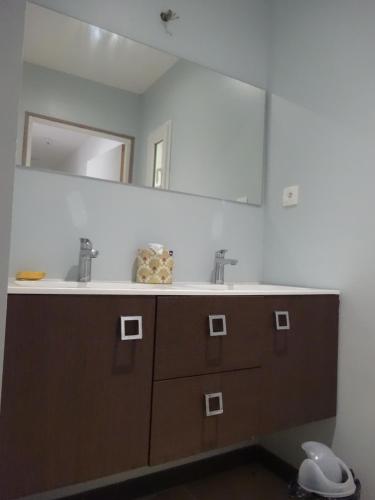 un baño con lavabo y espejo en Rénovation proche lac et mer, en Landevieille