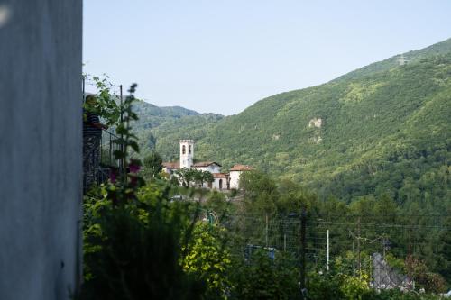 a house on a hill with mountains in the background at Locanda Genzianella in Gargnano
