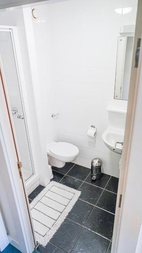 a white bathroom with a toilet and a sink at The Grove in Sligo