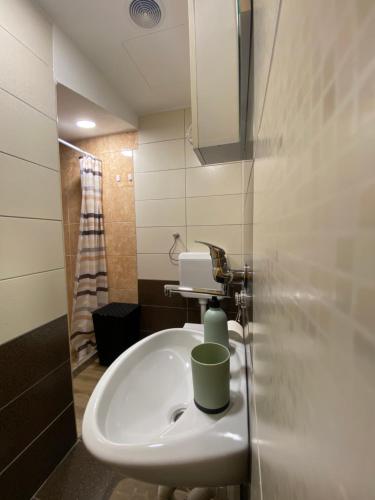 ein Badezimmer mit einem Waschbecken mit einer Tasse drauf in der Unterkunft Apartment Neno 2 in Trebinje