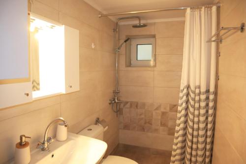 Kournás的住宿－Romanza Kournás，浴室配有卫生间、盥洗盆和淋浴。