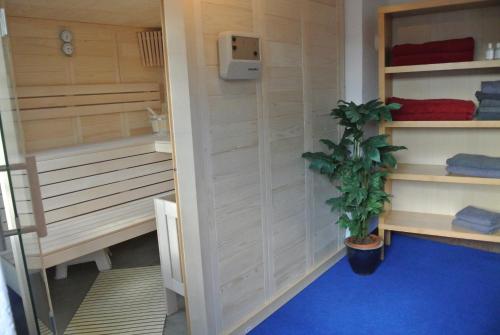uma sauna com uma planta num quarto em Kleines Landhaus em Herbstein