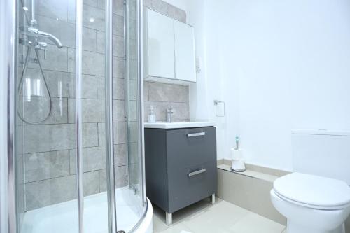 a bathroom with a shower and a toilet and a sink at Classic Studio Lytham Up London in London