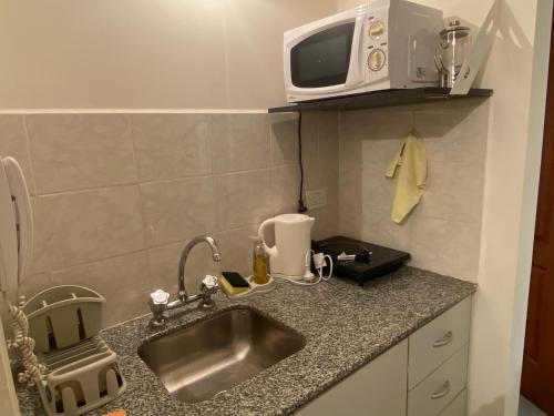 a kitchen with a sink and a microwave on a counter at Departamento Belgrano 11 in Salta